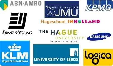 ABN-amro, Liverpool John Mores University, KPMG, Ernst & Young, The Hague University, Samsung, KLM, University of Leeds Business School, Logica